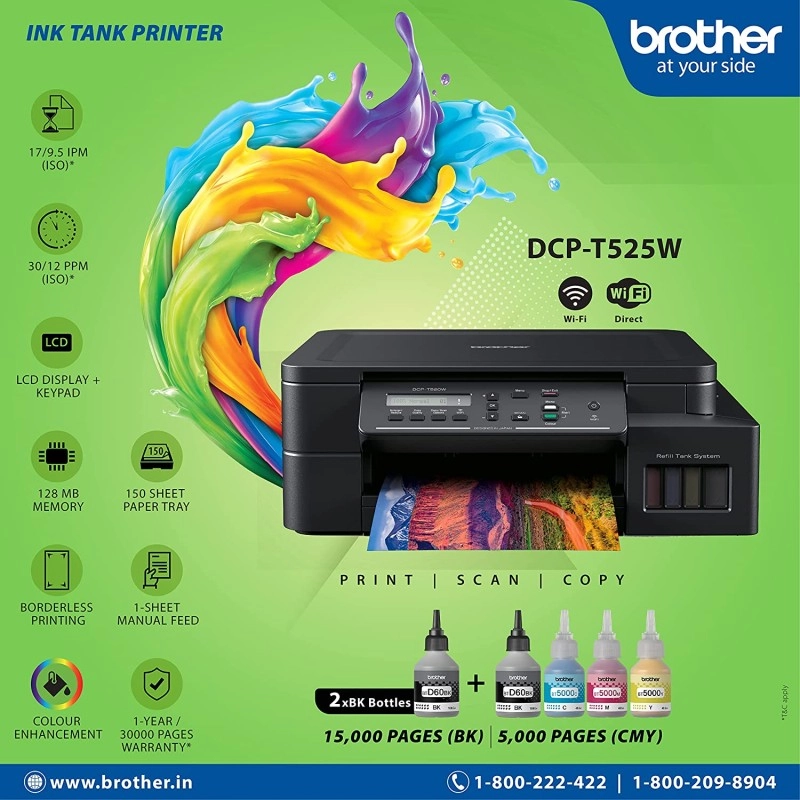 Brother DCP-T525W - Wi-Fi Color Ink Tank Multifunction All in One Printer for Home & Office