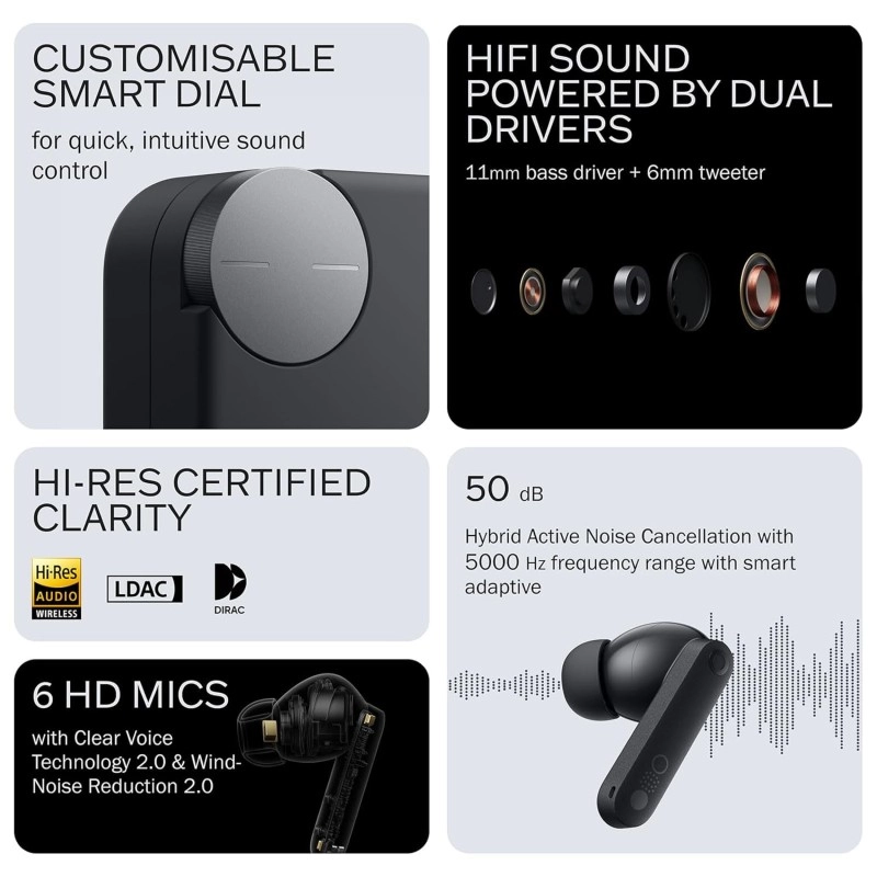 CMF Buds Pro 2 Wireless Earbuds, Hi-Res Audio with LDAC, 50 dB Hybrid Noise Cancelling Earbuds, Ultra Bass Technology, 