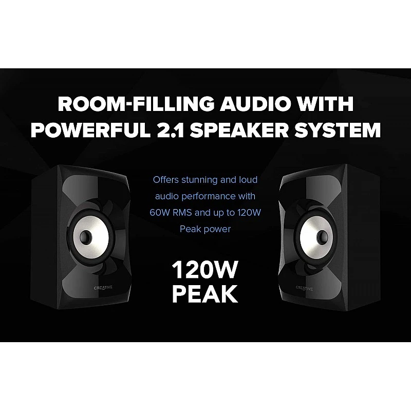 CREATIVE SBS E2900, 2.1 Channel 120W Peak, High-Performance Bluetooth 5 FM, USB, SD and Aux inputs CREATIVE SBS E2900, 2.1 Channel 120W Peak, High-Performance Bluetooth 5 FM, USB, SD and Aux inputs