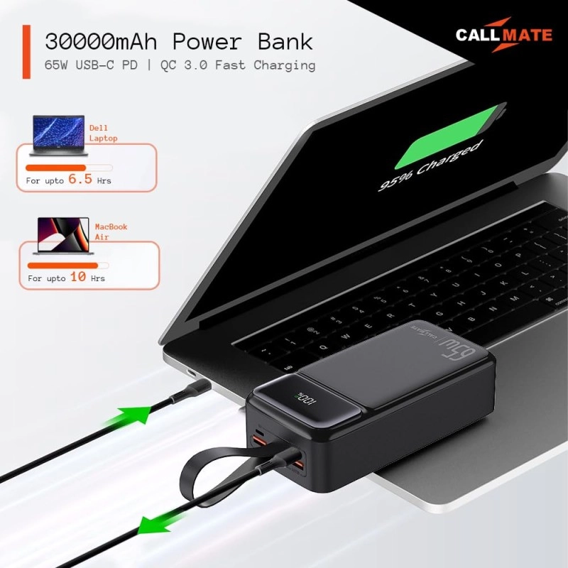 Callmate 65W Fast Charging Powerbank with 30000 mAh for MacBook, Type C Laptop & Mobile Charging | 3 Output & 2 Input (65 W, Fast Charging, Power Delivery 3.0, Quick Charge) (Black, Lithium Polymer) Callmate 65W Fast Charging Powerbank with 30000 mAh for MacBook, Type C Laptop & Mobile Charging | 3 Output & 2 Input (65 W, Fast Charging, Power Delivery 3.0, Quick Charge) (Black, Lithium Polymer)