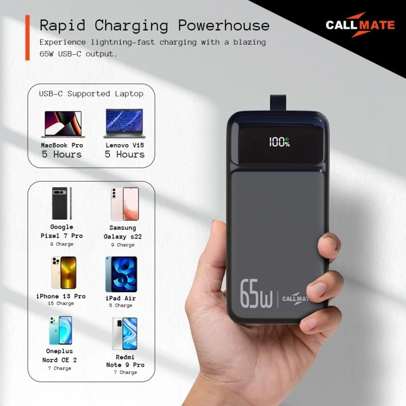 Callmate 65W Fast Charging Powerbank with 30000 mAh for MacBook, Type C Laptop & Mobile Charging | 3 Output & 2 Input (65 W, Fast Charging, Power Delivery 3.0, Quick Charge) (Black, Lithium Polymer) Callmate 65W Fast Charging Powerbank with 30000 mAh for MacBook, Type C Laptop & Mobile Charging | 3 Output & 2 Input (65 W, Fast Charging, Power Delivery 3.0, Quick Charge) (Black, Lithium Polymer)