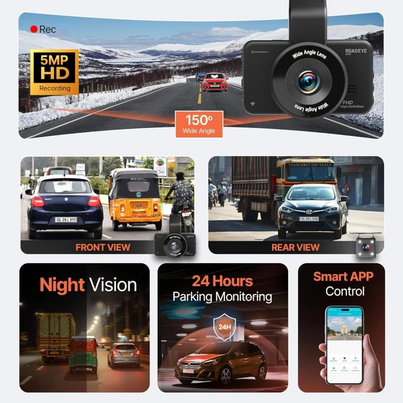 CrossBeats RoadEye 2.0 Dash Camera for Car Front and Rear| 2.7K Resolution 5MP FHD with Night Vision| ADAS 3" LCD Display Dash cam for car 150° Wide Angle| G-Sensor | Loop Emergency Recorder| 256 GB CrossBeats RoadEye 2.0 Dash Camera for Car Front and Rear| 2.7K Resolution 5MP FHD with Night Vision| ADAS 3" LCD Display Dash cam for car 150° Wide Angle| G-Sensor | Loop Emergency Recorder| 256 GB