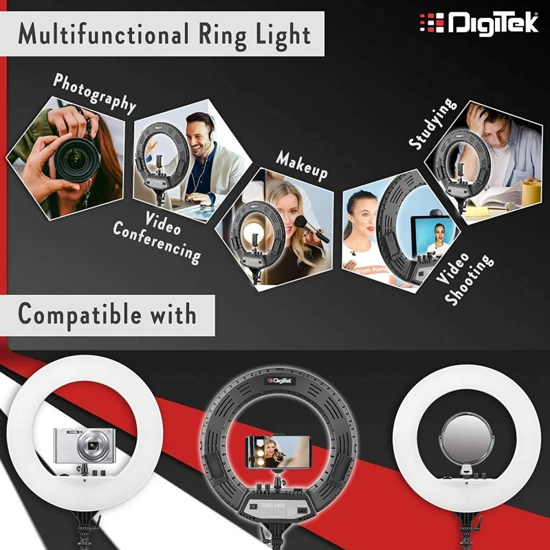 DIGITEK® (DRL 18RT C9) 18 Inch LED Ring Light with Remote Control & 250cm Stand - Smartphone Grip - AC Powered, USB Support - Adjustable Lighting Intensity - Photo, Video Shoots, Makeup, & Vlogging DIGITEK® (DRL 18RT C9) 18 Inch LED Ring Light with Remote Control & 250cm Stand - Smartphone Grip - AC Powered, USB Support - Adjustable Lighting Intensity - Photo, Video Shoots, Makeup, & Vlogging