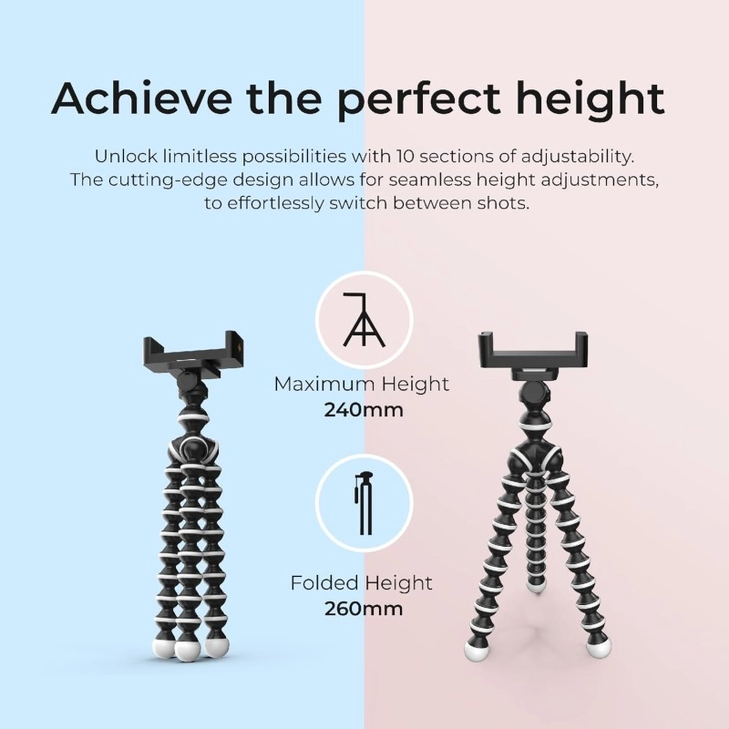 DIGITEK® (DTR 250 GT) 24cm Flexible Gorilla Mini Tripod with Phone Holder & Pan Head, 10 Sections Adjustment, 24cm Max Height, Cutting Edge Design, Reliable Grip, for Smartphones & Action Cameras