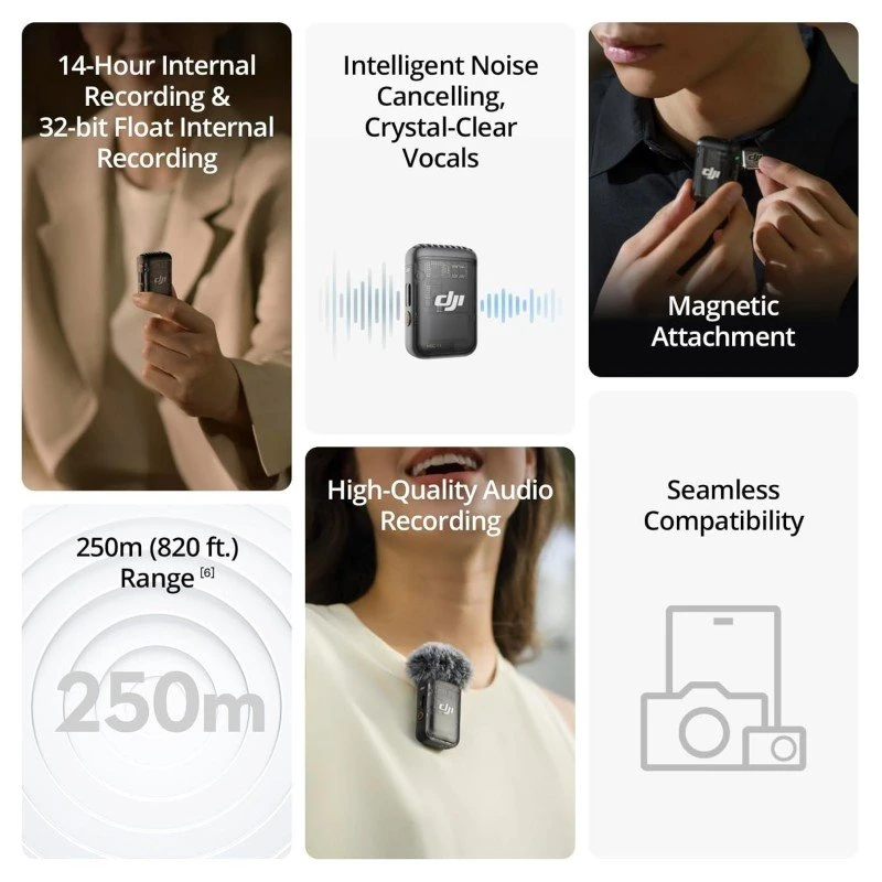 DJI MIC 2 (1 TX + 1 RX), Wireless Microphone with Intelligent Noise Cancelling, 32-bit Float Internal Recording, Optimized Sound, 250m (820 ft.) Range, Microphone for iPhone, Android, Camera, Vlogs DJI MIC 2 (1 TX + 1 RX), Wireless Microphone with Intelligent Noise Cancelling, 32-bit Float Internal Recording, Optimized Sound, 250m (820 ft.) Range, Microphone for iPhone, Android, Camera, Vlogs