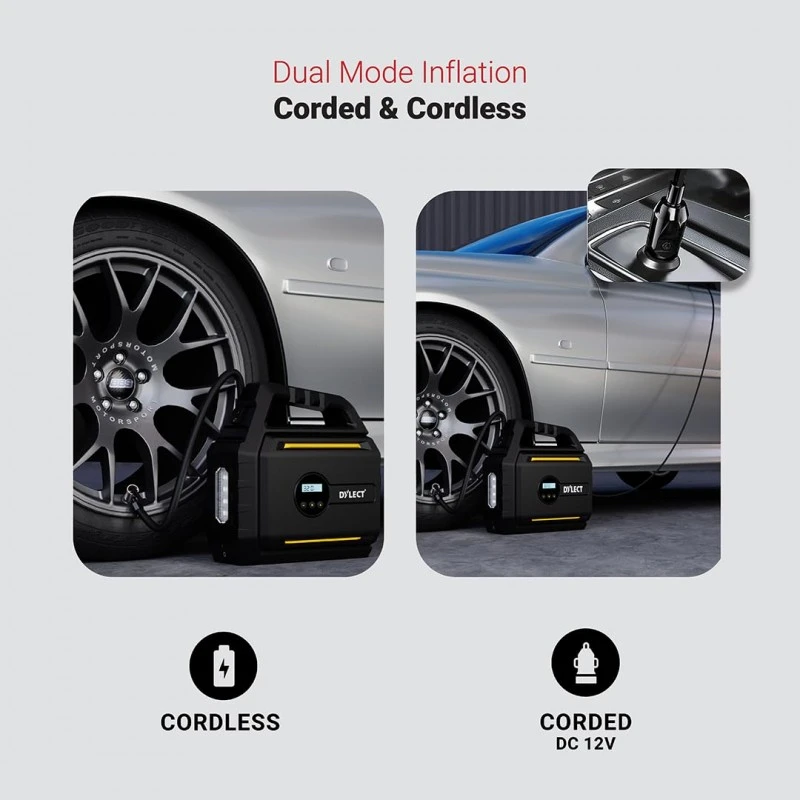 DYLECT Digital Tyre Inflator for Car, 12V DC, 22mm Cylinder, Upto 150 PSI, Portable Air Compressor Pump with LED Light, Auto Shut-Off, Sleek and Portable, Copper Winding, Fast Inflation, Carry Bag DYLECT Digital Tyre Inflator for Car, 12V DC, 22mm Cylinder, Upto 150 PSI, Portable Air Compressor Pump with LED Light, Auto Shut-Off, Sleek and Portable, Copper Winding, Fast Inflation, Carry Bag