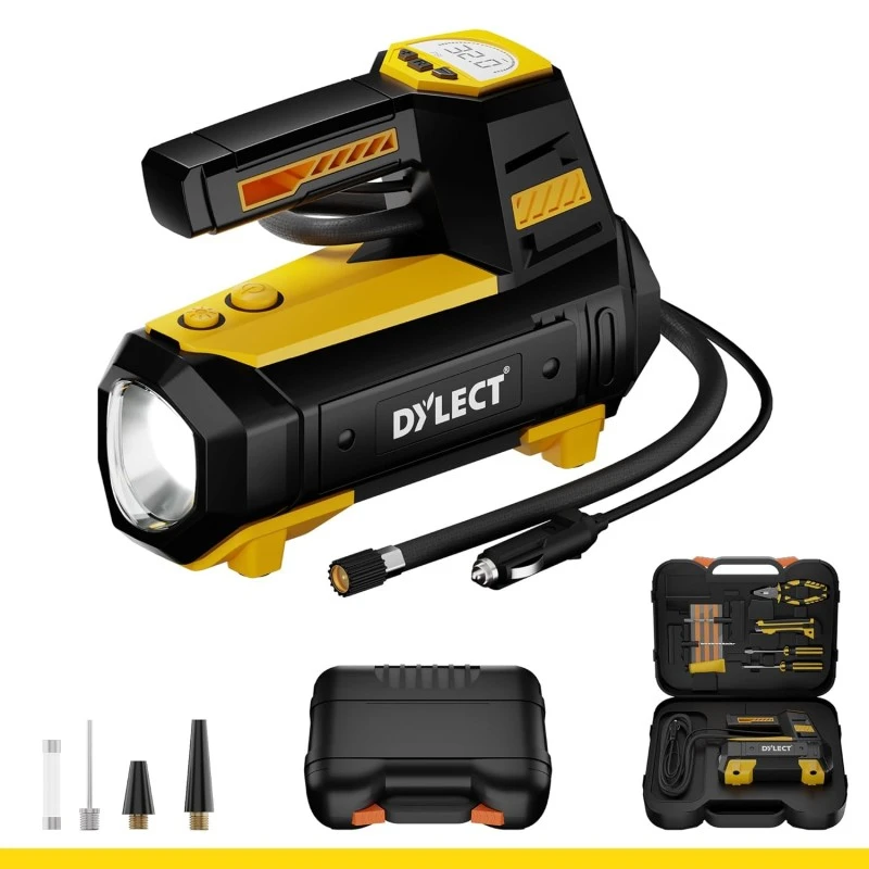 DYLECT Digital Tyre Inflator for Car, 12V DC, 22mm Cylinder, Upto 150 PSI, Portable Air Compressor Pump with LED Light, Auto Shut-Off, Sleek and Portable, Copper Winding, Fast Inflation, Carry Bag DYLECT Digital Tyre Inflator for Car, 12V DC, 22mm Cylinder, Upto 150 PSI, Portable Air Compressor Pump with LED Light, Auto Shut-Off, Sleek and Portable, Copper Winding, Fast Inflation, Carry Bag