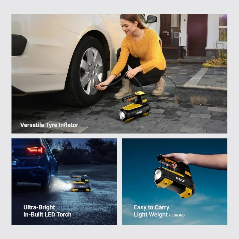 DYLECT Digital Tyre Inflator for Car, 12V DC, 22mm Cylinder, Upto 150 PSI, Portable Air Compressor Pump with LED Light, Auto Shut-Off, Sleek and Portable, Copper Winding, Fast Inflation, Carry Bag DYLECT Digital Tyre Inflator for Car, 12V DC, 22mm Cylinder, Upto 150 PSI, Portable Air Compressor Pump with LED Light, Auto Shut-Off, Sleek and Portable, Copper Winding, Fast Inflation, Carry Bag