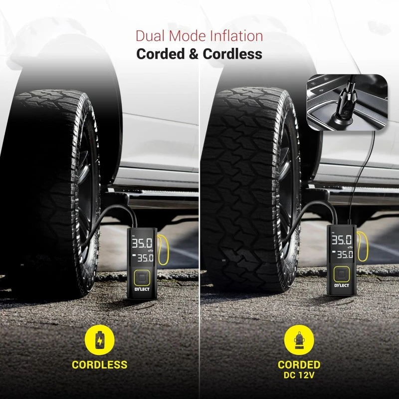 DYLECT Digital Tyre Inflator for Car, 12V DC, 22mm Cylinder, Upto 150 PSI, Portable Air Compressor Pump with LED Light, Auto Shut-Off, Sleek and Portable, Copper Winding, Fast Inflation, Carry Bag DYLECT Digital Tyre Inflator for Car, 12V DC, 22mm Cylinder, Upto 150 PSI, Portable Air Compressor Pump with LED Light, Auto Shut-Off, Sleek and Portable, Copper Winding, Fast Inflation, Carry Bag