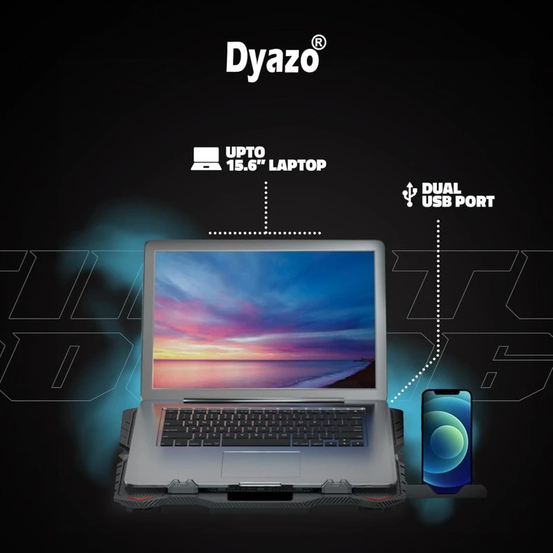 Dyazo Gaming Laptop Cooler| Laptop Cooling pad with Dual USB Powered Fan Compatible with All Notebooks 11.6, 13.3, 15.6, 17 inch with Real RGB Rim Lights (Black) (YL017) Dyazo Gaming Laptop Cooler| Laptop Cooling pad with Dual USB Powered Fan Compatible with All Notebooks 11.6, 13.3, 15.6, 17 inch with Real RGB Rim Lights (Black) (YL017)