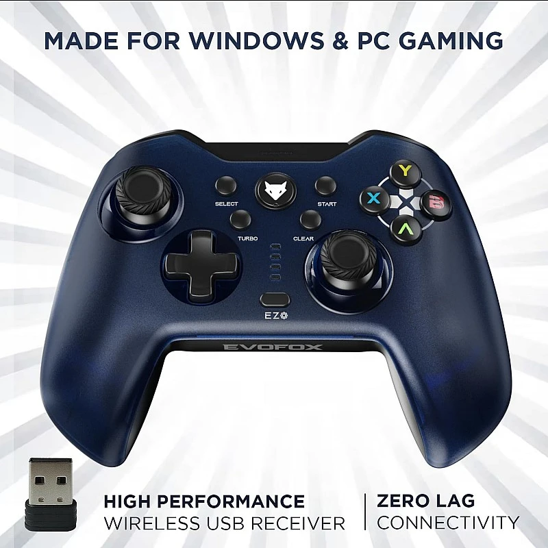 EvoFox Elite X Wireless Gamepad for PC, Macro Buttons, Adjustable Vibration, Turbo Mode, Analog Triggers, Low Latency, USB Extender, Blue Shell EvoFox Elite X Wireless Gamepad for PC, Macro Buttons, Adjustable Vibration, Turbo Mode, Analog Triggers, Low Latency, USB Extender, Blue Shell
