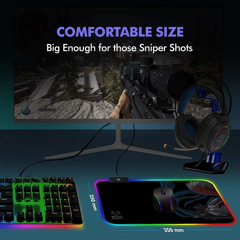 EvoFox Falcon LX35 Gaming Mouse Pad with 12 RGB Effects, Micro Textured Speed Surface, Non-Slip Rubber Base and Touch Controls EvoFox Falcon LX35 Gaming Mouse Pad with 12 RGB Effects, Micro Textured Speed Surface, Non-Slip Rubber Base and Touch Controls