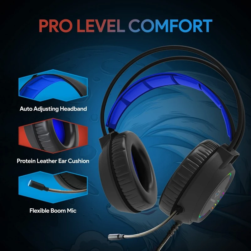 EvoFox Nebula RGB Gaming Headphones with Auto Adjusting Headband, Soft Leather Ear Cushions Cable (Blue Black) EvoFox Nebula RGB Gaming Headphones with Auto Adjusting Headband, Soft Leather Ear Cushions Cable (Blue Black)