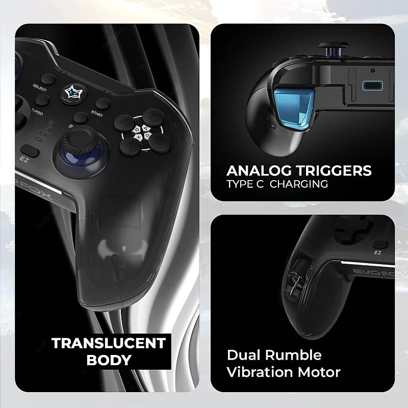 EvoFox One Universal Bluetooth Gamepad For PC, iOS, iPadOS, Android and PS4, Dynamic Rgb Lights, Transparent Design, Programable Buttons, Turbo Mode with The Dojo App, Detachable Mobile Clamp, and More EvoFox One Universal Bluetooth Gamepad For PC, iOS, iPadOS, Android and PS4, Dynamic Rgb Lights, Transparent Design, Programable Buttons, Turbo Mode with The Dojo App, Detachable Mobile Clamp, and More