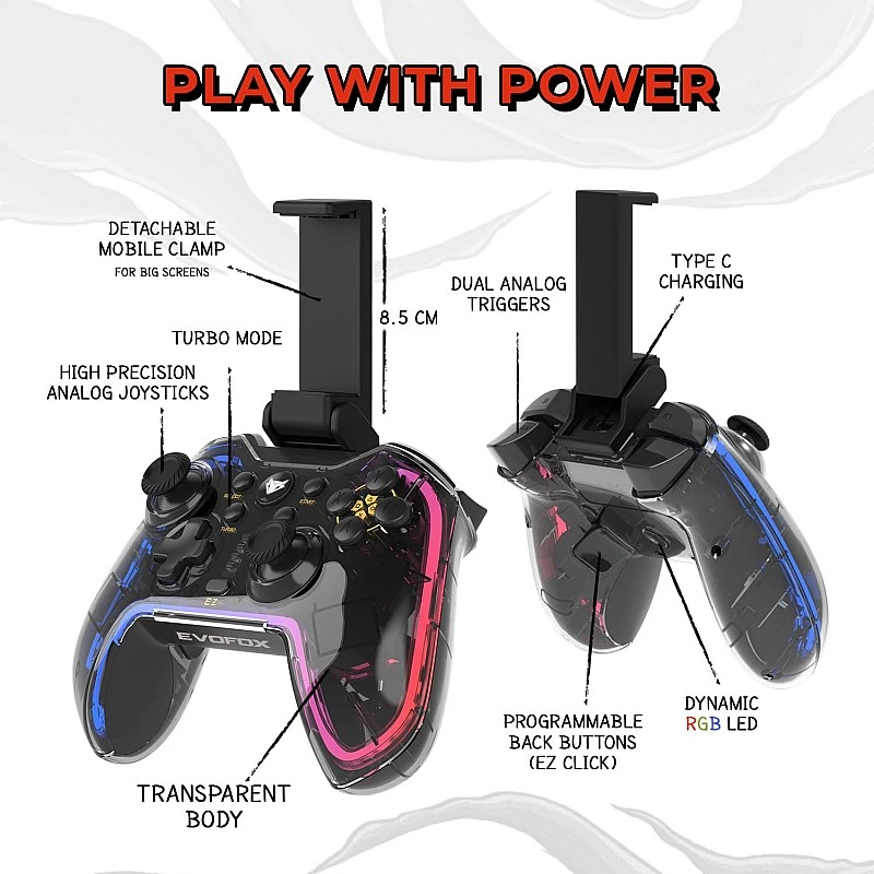 EvoFox One Universal Bluetooth Gamepad For PC, iOS, iPadOS, Android and PS4, Dynamic Rgb Lights, Transparent Design, Programable Buttons, Turbo Mode with The Dojo App, Detachable Mobile Clamp, and More EvoFox One Universal Bluetooth Gamepad For PC, iOS, iPadOS, Android and PS4, Dynamic Rgb Lights, Transparent Design, Programable Buttons, Turbo Mode with The Dojo App, Detachable Mobile Clamp, and More