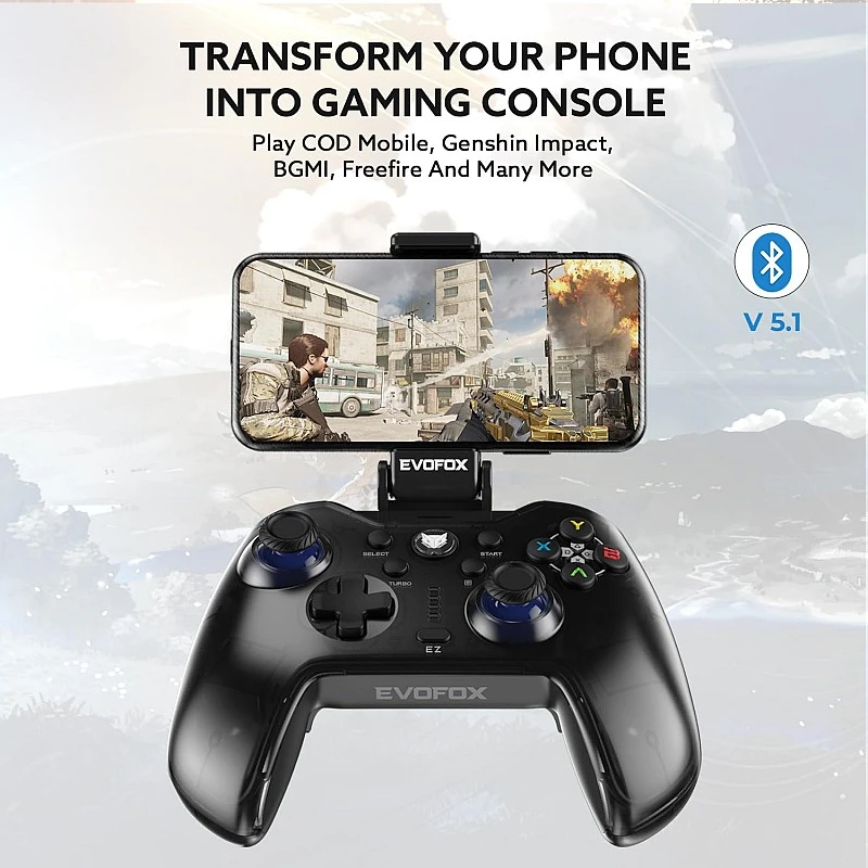 EvoFox One Universal Bluetooth Gamepad For PC, iOS, iPadOS, Android and PS4, Dynamic Rgb Lights, Transparent Design, Programable Buttons, Turbo Mode with The Dojo App, Detachable Mobile Clamp, and More EvoFox One Universal Bluetooth Gamepad For PC, iOS, iPadOS, Android and PS4, Dynamic Rgb Lights, Transparent Design, Programable Buttons, Turbo Mode with The Dojo App, Detachable Mobile Clamp, and More