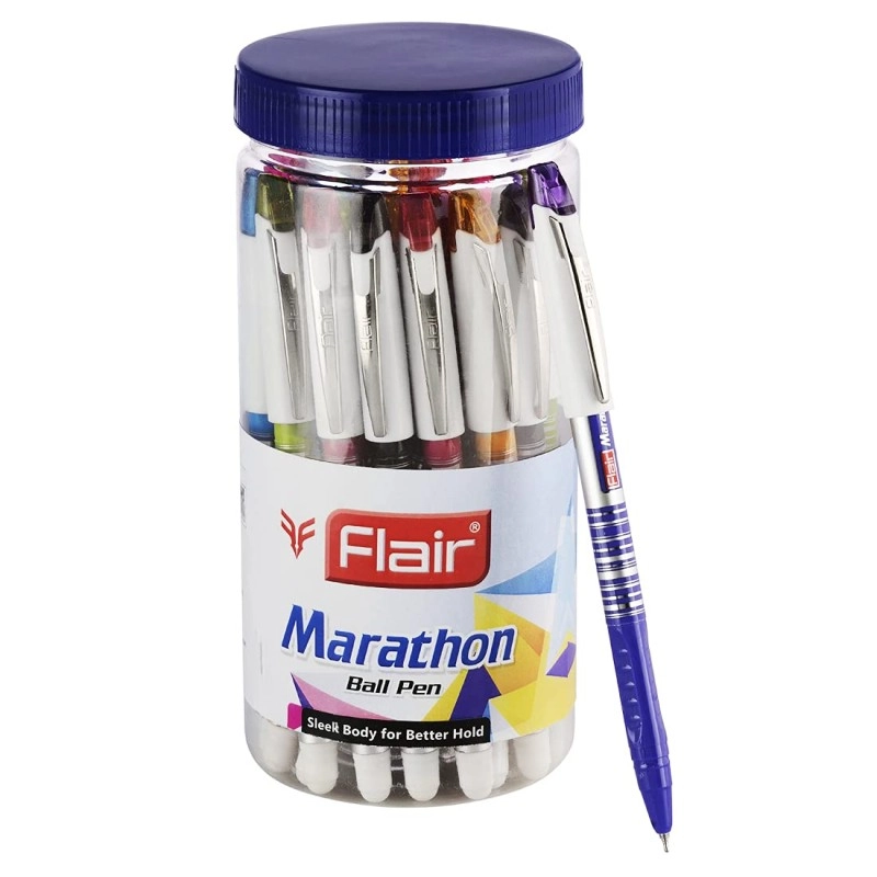 FLAIR Marathon Fine Tip 0.7mm Ball Pen Jar | Sleek Body For Better Hold | Longer Writing Length | Bold Body Colours With Metal Clip | Low-Viscosity Ink | Blue Ink, Jar Pack of 25 Pens