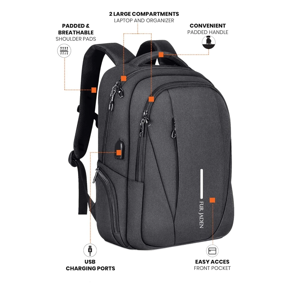 FUR JADEN Travel Laptop Backpack, Business Backpacks with USB Charging Port, Water Resistant College School Computer Bag for Men & Women Fits Under 15.6 inch Laptop and Notebook