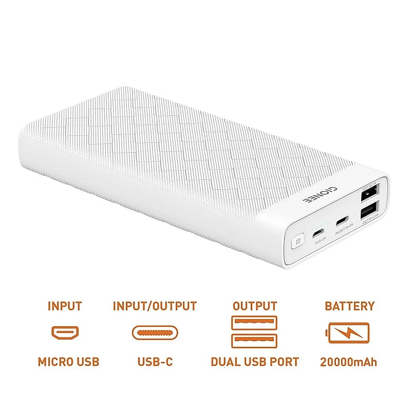 Gionee 20000 mAh Lithium Polymer Power Bank PB20K1D with 15 Watt Fast Charging, White Gionee 20000 mAh Lithium Polymer Power Bank PB20K1D with 15 Watt Fast Charging, White