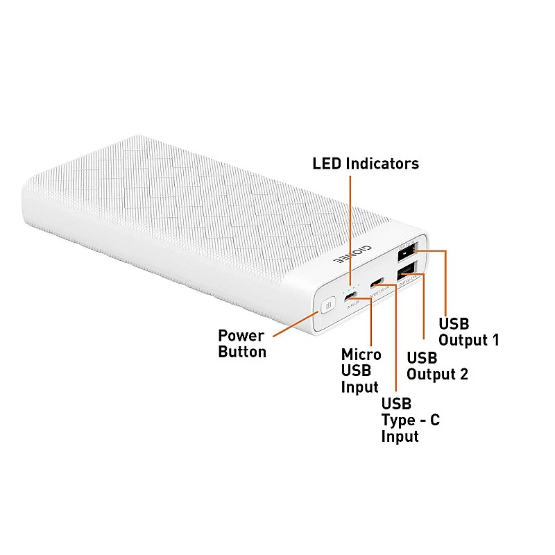 Gionee 20000 mAh Lithium Polymer Power Bank PB20K1D with 15 Watt Fast Charging, White Gionee 20000 mAh Lithium Polymer Power Bank PB20K1D with 15 Watt Fast Charging, White