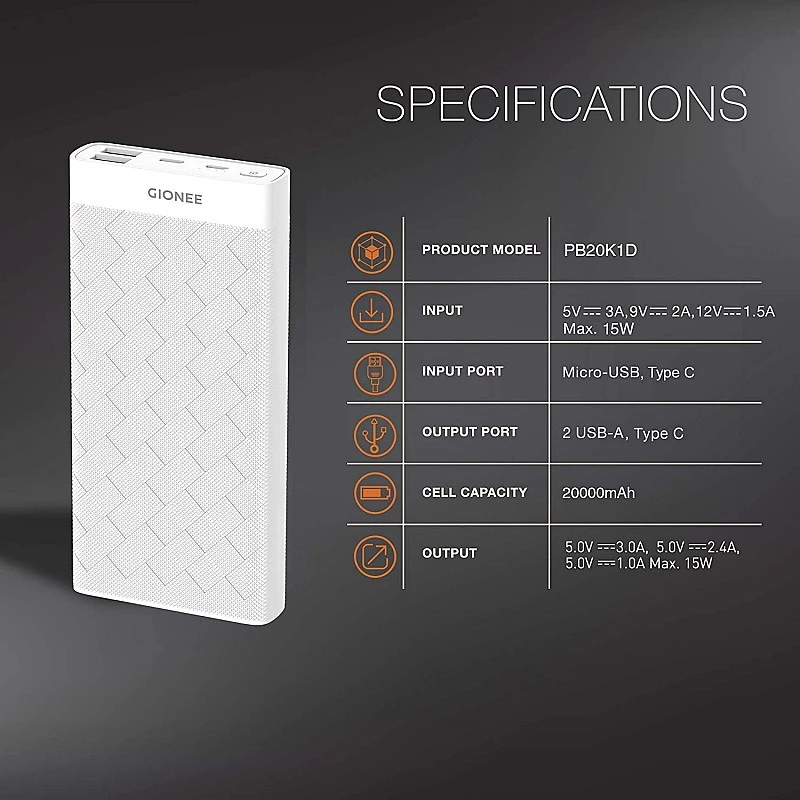 Gionee 20000 mAh Lithium Polymer Power Bank PB20K1D with 15 Watt Fast Charging, White Gionee 20000 mAh Lithium Polymer Power Bank PB20K1D with 15 Watt Fast Charging, White