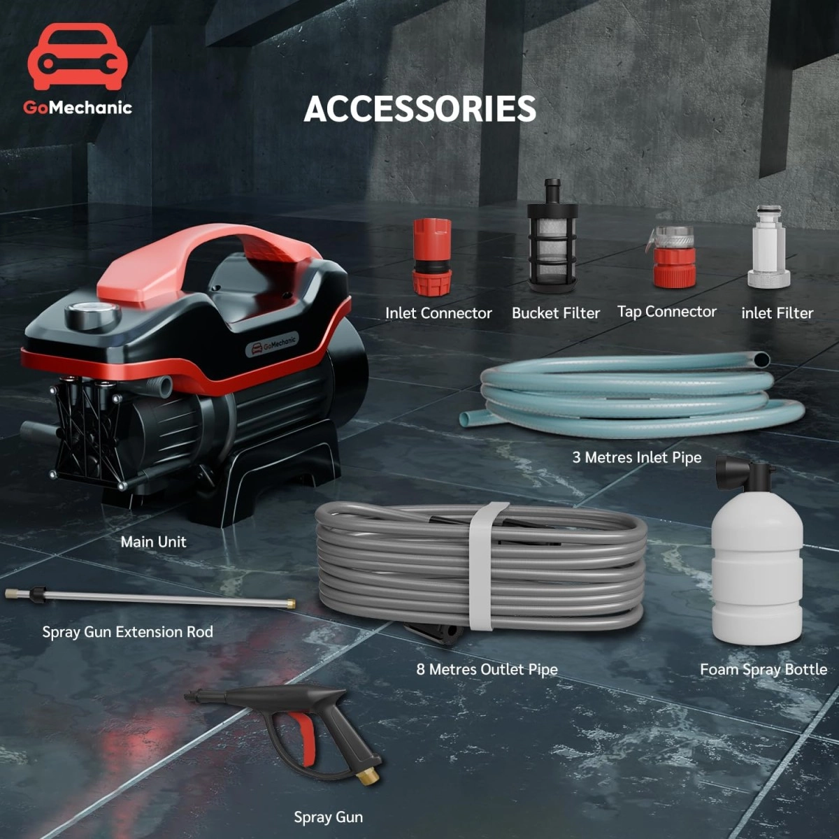 GoMechanic Car Pressure Washer, 1800W, 120 Bar, 6.5L/Min Flow, 8m Hose, Portable Washing Gun for Car, Bike & Home Cleaning (Red, LHPW20)