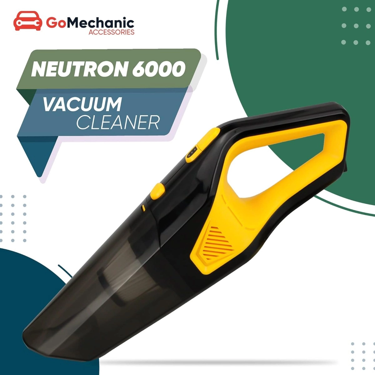 GoMechanic Car Vacuum Cleaner - Portable 2 in 1 Wet & Dry Cleaner for Car with High Suction Power 6000PA - Multipurpose 12V Power Corded with Nozzle Straw & HEPA Filter (Neutron 6000, Black & Yellow)