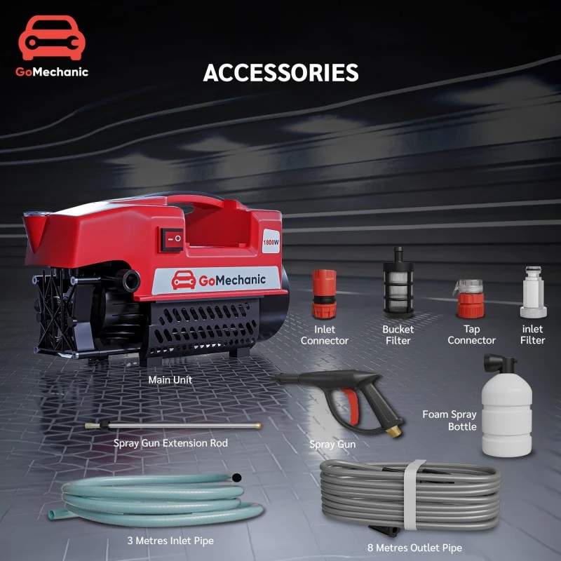 GoMechanic Car Washer High Pressure Pump Machine - Portable Washing Gun - 2200 Watts, 140 Bars & 7.5L/Min Flow Rate - 8 Meters Outlet Hose for Car, Bike & Home Cleaning Purpose (Black-Red) GoMechanic Car Washer High Pressure Pump Machine - Portable Washing Gun - 2200 Watts, 140 Bars & 7.5L/Min Flow Rate - 8 Meters Outlet Hose for Car, Bike & Home Cleaning Purpose (Black-Red)