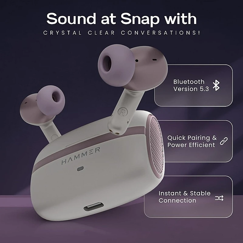 HAMMER Stellar ENC (Environmental Noise Cancelation) in-Ear TWS with 4 mics for Crystal Clear Calling, Playtime 48 Hrs, BT 5.3, Type-C Fast Charging,Metallic Tri-Color Shade, Driver Deep Bass,(Cream) HAMMER Stellar ENC (Environmental Noise Cancelation) in-Ear TWS with 4 mics for Crystal Clear Calling, Playtime 48 Hrs, BT 5.3, Type-C Fast Charging,Metallic Tri-Color Shade, Driver Deep Bass,(Cream)