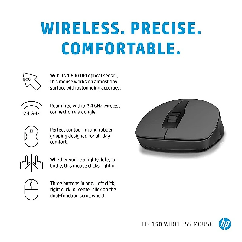 HP 150 Wireless Mouse,1600 DPI, 10 m Range, 2.4 GHz USB dongle for Instant connectivity, Ambidextrous, Ergonomic Black HP 150 Wireless Mouse,1600 DPI, 10 m Range, 2.4 GHz USB dongle for Instant connectivity, Ambidextrous, Ergonomic Black