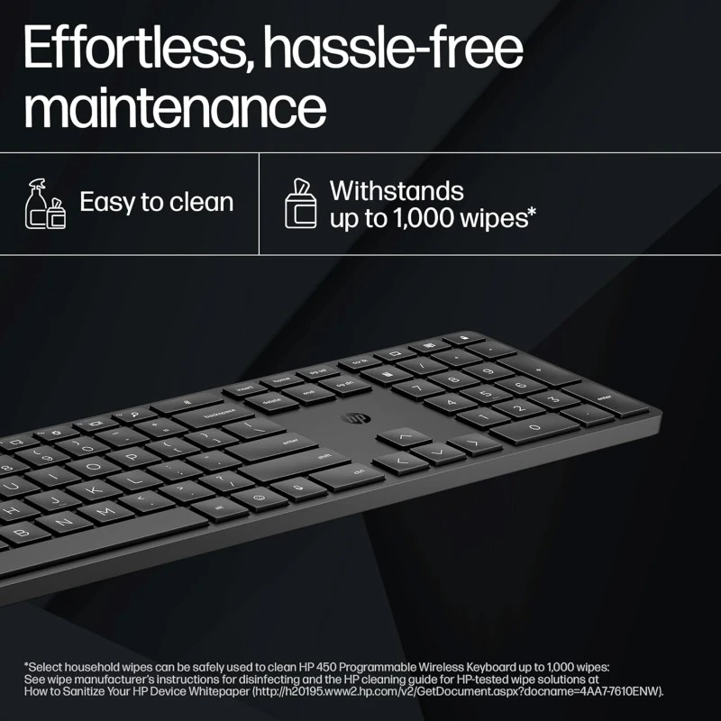 HP 450 Programmable Wireless, Full Size; 3-Zone Layout Keyboard, 2.4 Ghz Wireless Connection, Compatible with Pcs with Available USB-A Port, Black HP 450 Programmable Wireless, Full Size; 3-Zone Layout Keyboard, 2.4 Ghz Wireless Connection, Compatible with Pcs with Available USB-A Port, Black