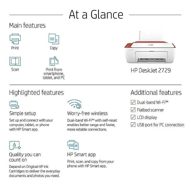 HP Deskjet 2729 WiFi Colour Printer, Scanner and Copier for Home/Small Office, Dual-Band Wi-Fi, Voice Activated Printing HP Deskjet 2729 WiFi Colour Printer, Scanner and Copier for Home/Small Office, Dual-Band Wi-Fi, Voice Activated Printing