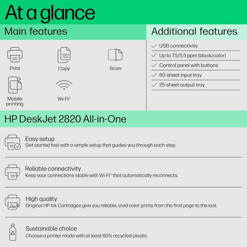 HP Deskjet 2820 WiFi Colour Printer - Print/Scan/Copy Ideal for Home