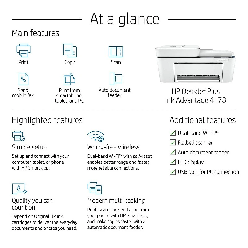 HP Deskjet Ink Advantage 4178 WiFi Colour Printer, Scanner and Copier for Home/Small Office Compact Size car without cartridge Refurbished HP Deskjet Ink Advantage 4178 WiFi Colour Printer, Scanner and Copier for Home/Small Office Compact Size car without cartridge Refurbished