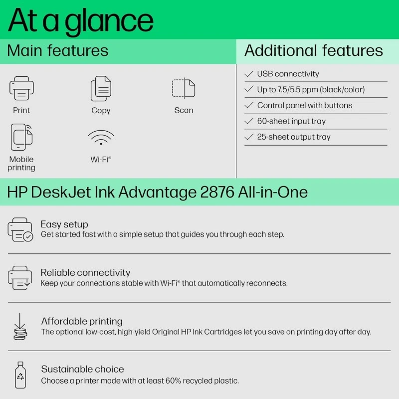 HP Ink Advantage 2876 WiFi Colour Printer - Print/Scan/Copy Ideal for Home HP Ink Advantage 2876 WiFi Colour Printer - Print/Scan/Copy Ideal for Home