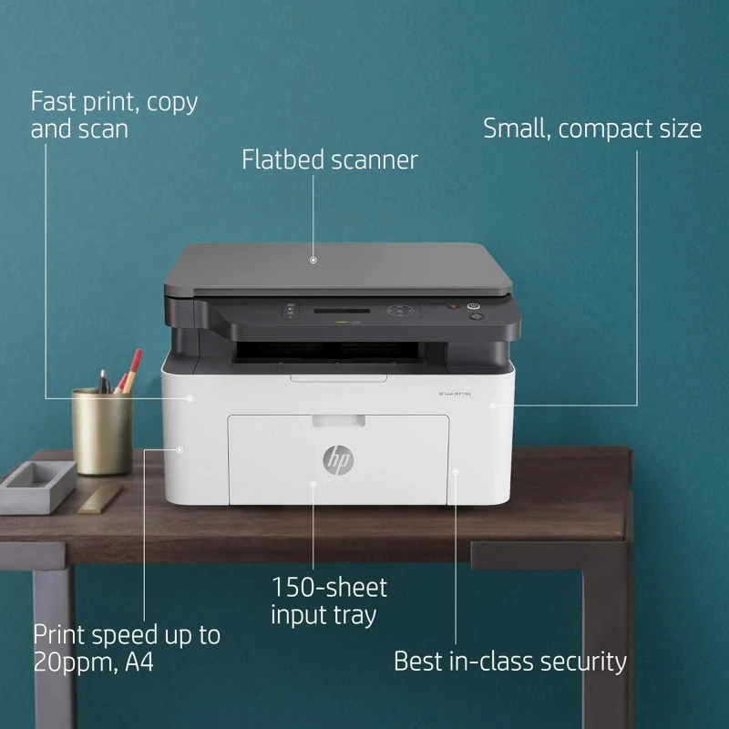 HP Laser MFP 136a, Print, Copy, Scan, 40-Sheet ADF, Ethernet, Hi-Speed USB 2.0, Up to 21 ppm, 150-sheet Input Tray, 100-sheet Output Tray, 10,000-page Duty Cycle, Black and White, 4ZB85A HP Laser MFP 136a, Print, Copy, Scan, 40-Sheet ADF, Ethernet, Hi-Speed USB 2.0, Up to 21 ppm, 150-sheet Input Tray, 100-sheet Output Tray, 10,000-page Duty Cycle, Black and White, 4ZB85A