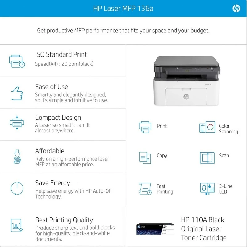 HP Laser MFP 136a, Print, Copy, Scan, 40-Sheet ADF, Ethernet, Hi-Speed USB 2.0, Up to 21 ppm, 150-sheet Input Tray, 100-sheet Output Tray, 10,000-page Duty Cycle, Black and White, 4ZB85A HP Laser MFP 136a, Print, Copy, Scan, 40-Sheet ADF, Ethernet, Hi-Speed USB 2.0, Up to 21 ppm, 150-sheet Input Tray, 100-sheet Output Tray, 10,000-page Duty Cycle, Black and White, 4ZB85A