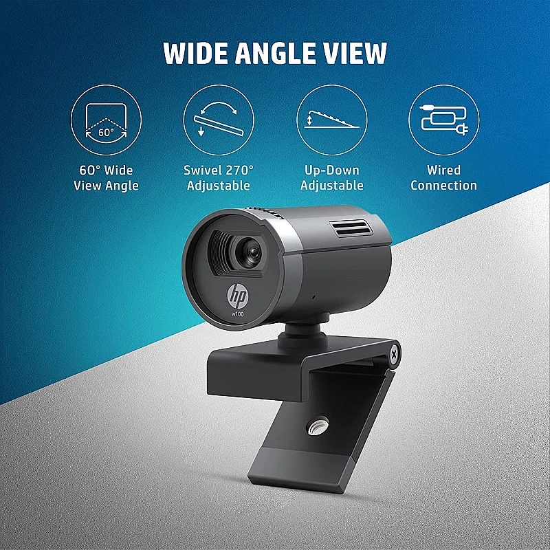 HP w100 480p/30 Fps Webcam, Built-in Mic, Plug and Play, Wide-Angle View for Video Calling, Skype, Zoom, Microsoft Teams, Black HP w100 480p/30 Fps Webcam, Built-in Mic, Plug and Play, Wide-Angle View for Video Calling, Skype, Zoom, Microsoft Teams, Black