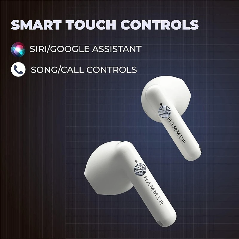 Hammer KO Pro Bluetooth Earbuds with Upto 20H Playtime, ENC, Fast Charging Type-C, IPX4 Water Resistant, Bluetooth v5.3, Touch Controls and Voice Assistant (White) Hammer KO Pro Bluetooth Earbuds with Upto 20H Playtime, ENC, Fast Charging Type-C, IPX4 Water Resistant, Bluetooth v5.3, Touch Controls and Voice Assistant (White)