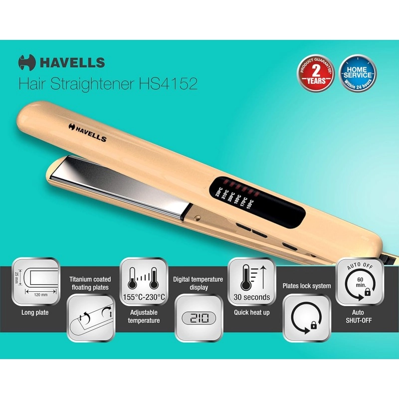 Havells HS4152 Titanium plates professional Hair Straightener; Adjustable temperature with instant heating; For all hair types (Gold) Havells HS4152 Titanium plates professional Hair Straightener; Adjustable temperature with instant heating; For all hair types (Gold)