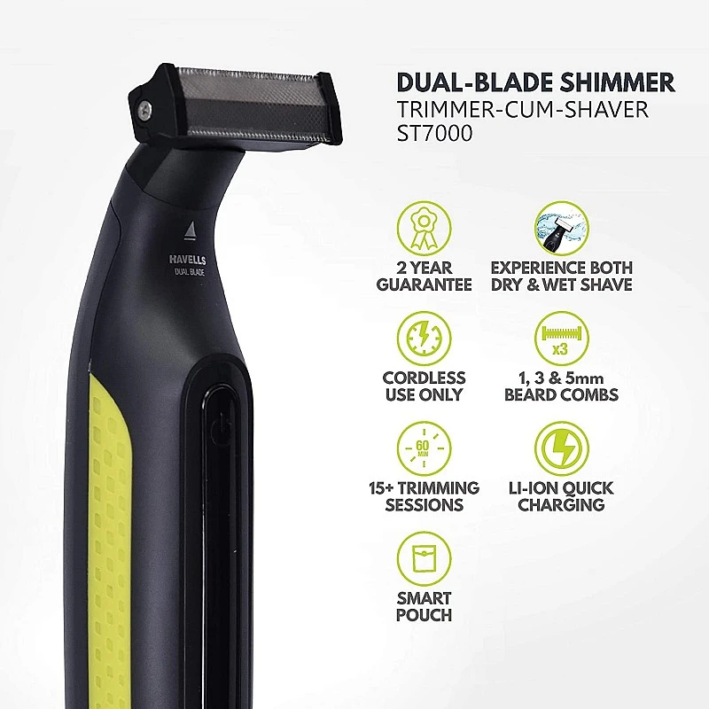 Havells ST7000 Rechargeable Dual-Blade Shimmer (Shaver cum Trimmer) with 3 Trimming Combs (Black & Yellow) Havells ST7000 Rechargeable Dual-Blade Shimmer (Shaver cum Trimmer) with 3 Trimming Combs (Black & Yellow)
