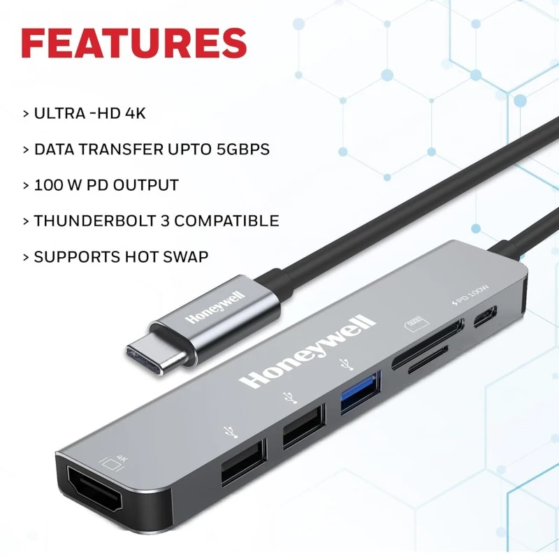 Honeywell Newly Launched 7-in-1 TypeC Docking Station with 4K HDMI,1xUSB 3.0,2xUSB 2.0 & TypeC 3.0 PD Charging 100W Port, SD & Micro SD Slot, for All Type C Devices- MacBook Laptop, PC, Thunderbolt 3 Honeywell Newly Launched 7-in-1 TypeC Docking Station with 4K HDMI,1xUSB 3.0,2xUSB 2.0 & TypeC 3.0 PD Charging 100W Port, SD & Micro SD Slot, for All Type C Devices- MacBook Laptop, PC, Thunderbolt 3