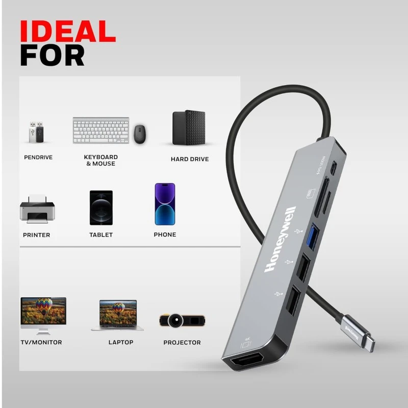 Honeywell Newly Launched 7-in-1 TypeC Docking Station with 4K HDMI,1xUSB 3.0,2xUSB 2.0 & TypeC 3.0 PD Charging 100W Port, SD & Micro SD Slot, for All Type C Devices- MacBook Laptop, PC, Thunderbolt 3 Honeywell Newly Launched 7-in-1 TypeC Docking Station with 4K HDMI,1xUSB 3.0,2xUSB 2.0 & TypeC 3.0 PD Charging 100W Port, SD & Micro SD Slot, for All Type C Devices- MacBook Laptop, PC, Thunderbolt 3