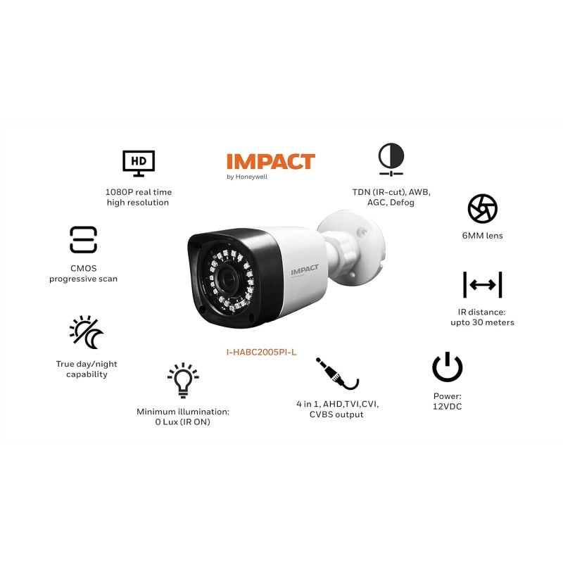 IMPACT by Honeywell 2 MP Wired Outdoor Bullet Security Camera I 1080p AHD CCTV Camera I Night Vision I OSD Control 4 in 1 UTC Support I Smart IR LED 10~20 Mtr I Made in India I Plastic Housing-White