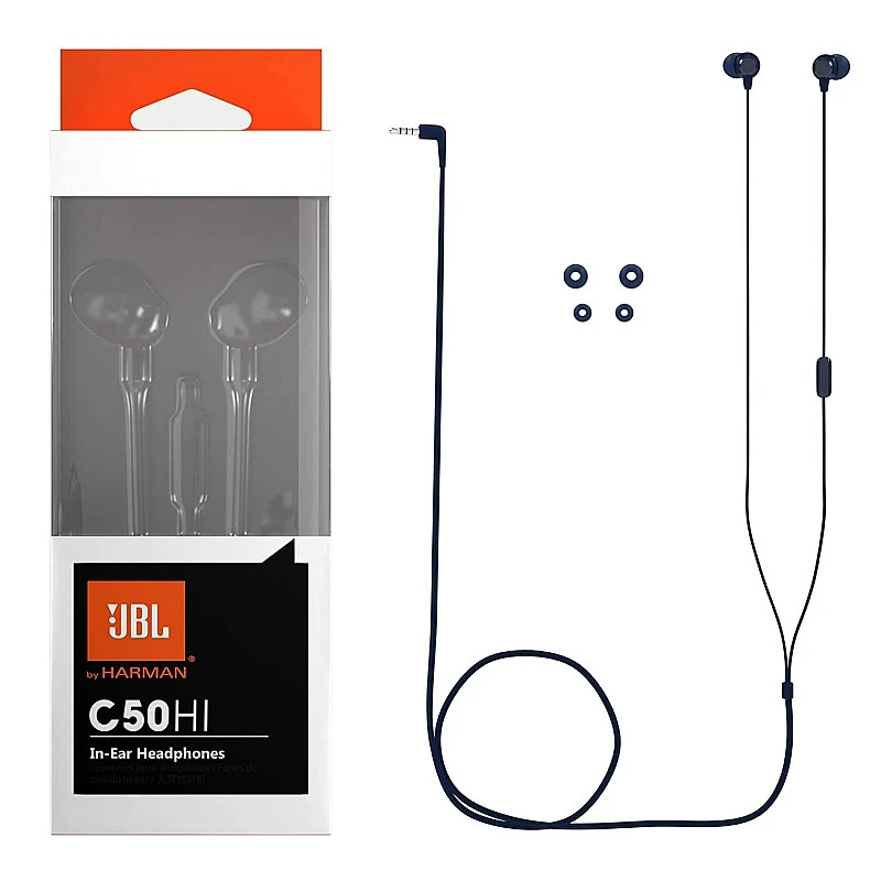 JBL C50HI Wired in Ear Headphones with Mic One Button Multi-Function Blue JBL C50HI Wired in Ear Headphones with Mic One Button Multi-Function Blue
