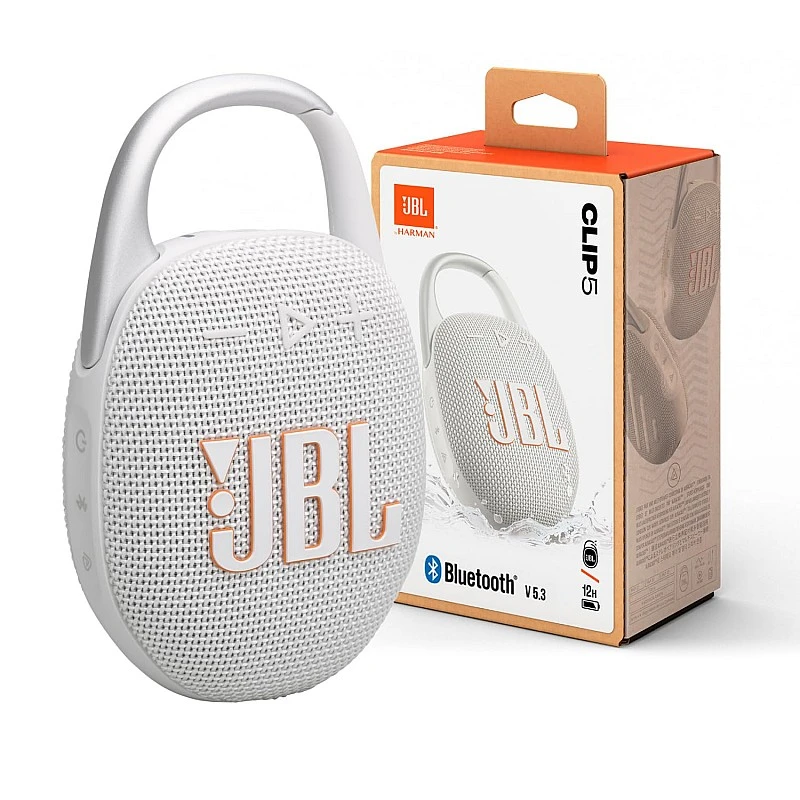 JBL Clip 5 - Ultra-Portable, Waterproof & Dustproof Bluetooth Speaker, Big Pro Sound with Punchy bass, Integrated Carabiner, Up to 12 Hours of Play, Made in Part with Recycled Materials (White) JBL Clip 5 - Ultra-Portable, Waterproof & Dustproof Bluetooth Speaker, Big Pro Sound with Punchy bass, Integrated Carabiner, Up to 12 Hours of Play, Made in Part with Recycled Materials (White)