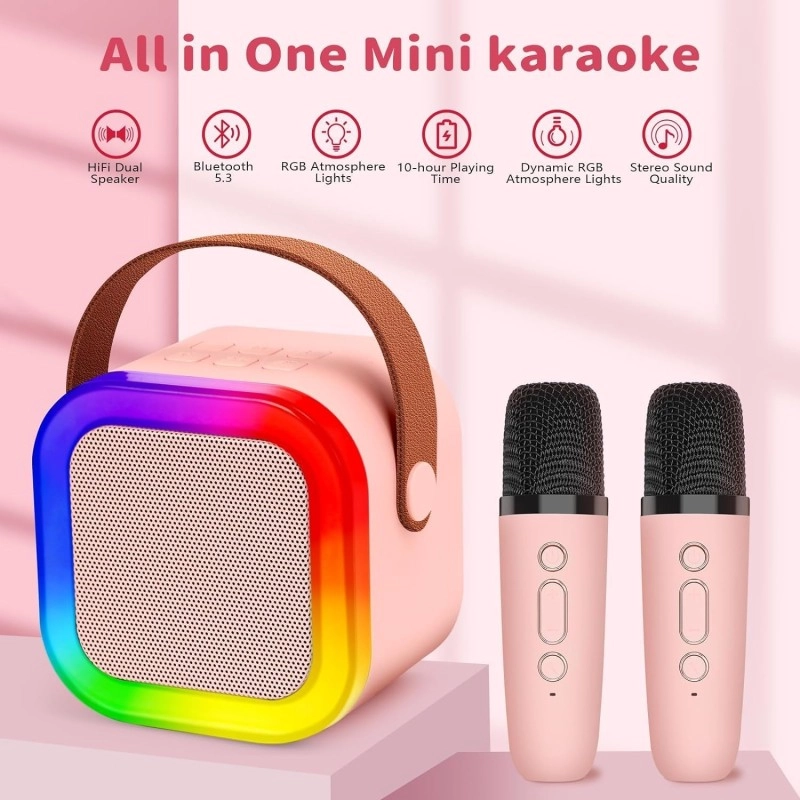 Airtree Mini Karaoke Machine for Kids Gifts Adults (Cute Little & Portable) Bluetooth Speaker with 2 Wireless Microphones Birthday Gifts for Girls 3-12 Years Old Toddler (Beige K-12 Double MIC)