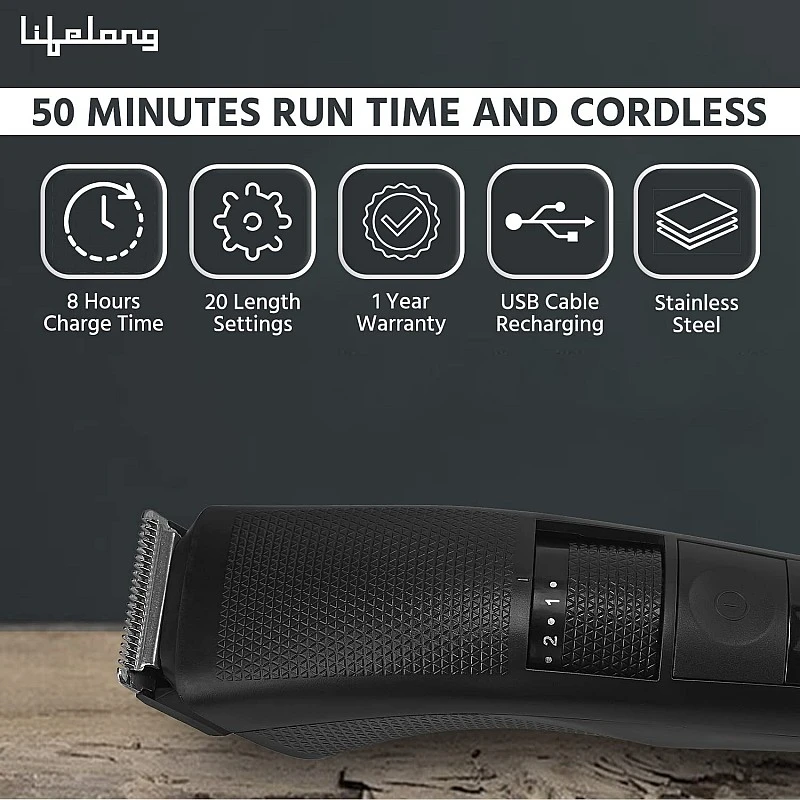 Lifelong Trimmer- Runtime 50 minutes, 20 Length Settings Cordless Beard Trimmer| Trimmer with Charging Indicator (LLPCM05, Black) Lifelong Trimmer- Runtime 50 minutes, 20 Length Settings Cordless Beard Trimmer| Trimmer with Charging Indicator (LLPCM05, Black)