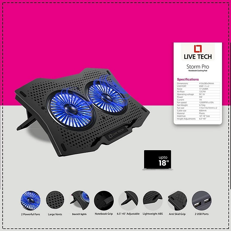 Live Tech Storm Pro Laptop Cooling Led Pad with Dual Fan for 15.6" to 17.3" Notebooks Live Tech Storm Pro Laptop Cooling Led Pad with Dual Fan for 15.6" to 17.3" Notebooks
