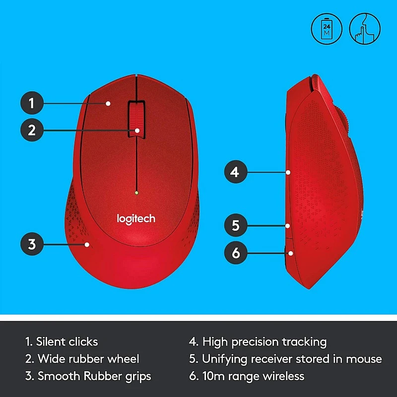 Logitech M331 Silent Plus Wireless Mouse, 2.4GHz with USB Nano Receiver (Red) Logitech M331 Silent Plus Wireless Mouse, 2.4GHz with USB Nano Receiver (Red)